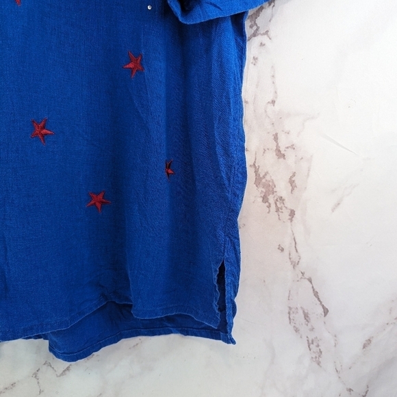 Quacker Factory Shirt Women 1X Linen Button 4th July Star Flag Short Sleeve - Picture 4 of 13